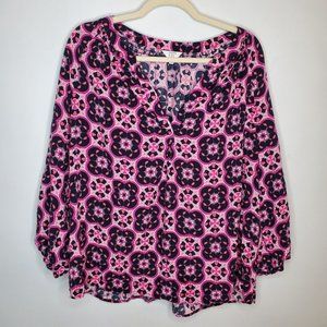 Crown & Ivy Womens Geometric Blouse Size 2X Pink Long Sleeve Pullover V-Neck